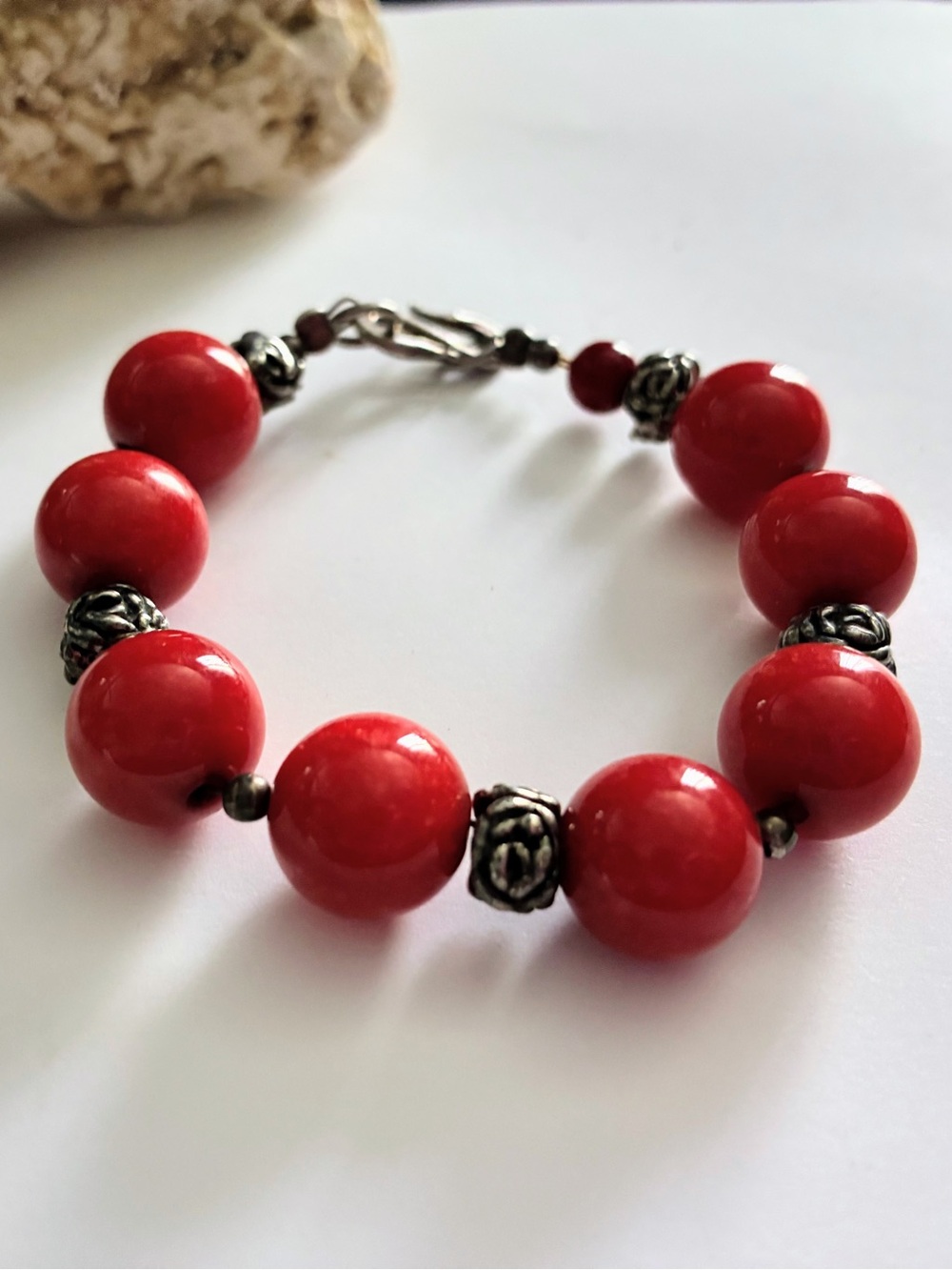 Red round coral beaded bracelet & sterling silver beads hook clasp 7” length
